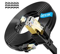 Soibke Cavo Ethernet 15 Metri, Cat 8 Cavo LAN 15m 40Gbps 2000MHz Alta Velocità Fibra Cavo di Rete Gigabit Cavo RJ45 Piatto Cavo Patch Nero Cavo Internet lungo Impermeabile per PC, Router, Modem