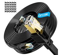 Soibke Cavo Ethernet 30 Metri, Cat 8 Schermato Cavo LAN 30m Piatto Filo Ethernet da Esterno 40Gbps 2000MHz Cavo di Rete Alta Velocità Cavo RJ45 Gigabit Cavo Internet Nero Cavo Patch Lungo per Router