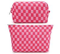 SOIDRAM 2 trousse per il trucco a scacchi di grandi dimensioni, in tela, da viaggio, organizer per pennelli da trucco, accessori estetici, borsa portaoggetti per donne, Rosso rosato, Mix a scacchi