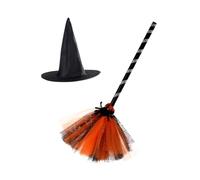 SOIMISS Set Costume Halloween Strega 2 Pezzi Cappello Mago e Scopa Arancione, Accessori Cosplay per Feste a Tema e Spettacoli Teatrali, Oggetti di Scena Leggeri e Resistenti per Adulti