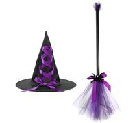 SOIMISS Set Costume Strega Halloween per Ragazze Cappello Decorativo Viola e Scopa delle Streghe, Accessori Cosplay per Festa e Decorazione Tema Halloween