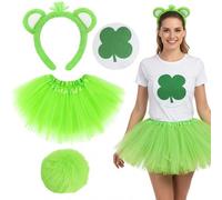 Soireeparty Set di accessori per costume da orso verde, cerchietto con orecchie da orso, coda e adesivo per viso, gonna tutù verde lime, grazioso vestito per feste di San Patrizio per bambini
