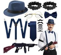 Soireeparty Set di accessori per travestimento anni '20, con cappello da gangster, bretelle, papillon, occhiali, bracciali e baffi, costume vintage da uomo, cosplay, feste a tema, Halloween, carnevale