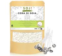 Soj - Cera di soia per candele 100% naturale non OGM, 1 KG Guida E-BOOK + 15 stoppini! Per la realizzazione di candele in contenitori, cera per candele, cera di soia per candele fai da te - 1 KG