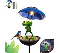 Solar Bird Feeder Frog Garden Decor,Outdoor Frog Figurine with Blue Umbrella Pendants,Yard Art Ornament Bird Feeder for Garden,Lawn,Patio