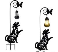 Solar Dog Garden Stake Light Iron Silhouette Outdoor | Charges 6-12h sunlight, auto dusk sensor, warm white LED, per whimsical dog art, sustainable power