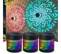Solar-Powered Mandala Projector Light,Seven-Color Changing Outdoor Decorative Projection Lamp,Metal Hollowed-Out Waterproof Solar Wall Art Lights,Auto On Off Fence Light for Yard Garden(3 PCS)