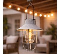 Lanterna Da Giardino Appesa Solare LED 21cm Grigio Vintage Filamento Calda