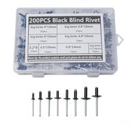 Solaughguy Set di rivetti neri assortiti, 200 rivetti in lega di alluminio con flangia standard e grande, rivetti ciechi multi-grip da 8-18 mm per costruzioni industriali