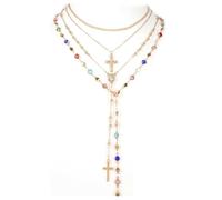 Solbrezeni Set di 4 collane a strati in oro da donna, con croce dorata, con perline bohémien, rosario vintage, ciondolo a Y, collana lunga in oro e girocollo regolabile, set di collane da donna