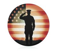 Soldier Saluting America Flag Tagliere, rotondo in vetro temperato, unico tagliere da cucina per pizza, verdura, frutta, formaggio e salumi