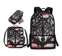 soldwellsd Set di 3 borse per il pranzo con stampa lupo, borsa per la scuola con astuccio per bambini, zaino grande e leggero, set di 3 per scuola materna, Bandiera americana Wolf - Grigio e Rosso