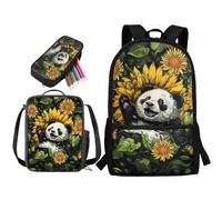 soldwellsd Set di 3 borse per il pranzo con stampa lupo, borsa per la scuola con astuccio per bambini, zaino grande e leggero, set di 3 per scuola materna, Grazioso panda farfalla e girasole
