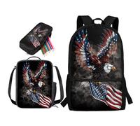 soldwellsd Set di 3 borse per il pranzo con stampa lupo, borsa per la scuola con astuccio per bambini, zaino grande e leggero, set di 3 per scuola materna, Aquila Bandiera Americana - Multi, Taglia