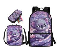 soldwellsd Set di 3 borse per il pranzo con stampa lupo, borsa per la scuola con astuccio per bambini, zaino grande e leggero, set di 3 per scuola materna, Carino Koala Floreale - Viola, Taglia unica
