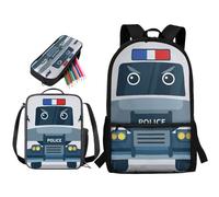 soldwellsd Set di 3 zaini per bambini e ragazze, set di zaino per il pranzo e astuccio, 43 cm, leggero, Cartone animato polizia auto - Blu, Taglia unica