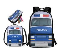 soldwellsd Set di 3 zaini per bambini e ragazze, set di zaino per il pranzo e astuccio, 43 cm, leggero, Auto della polizia - Blu, Taglia unica