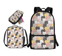 soldwellsd Set di zaino per la scuola con stampa tigre bianca, set con borsa per il pranzo per bambini, ragazzi e ragazze, zaino leggero da 43 cm e astuccio per la scuola materna, Gatto dei cartoni