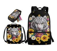 soldwellsd Set di zaino per la scuola con stampa tigre bianca, set con borsa per il pranzo per bambini, ragazzi e ragazze, zaino leggero da 43 cm e astuccio per la scuola materna, Tigre Bianca