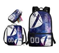 soldwellsd Set di zaino personalizzato con nome e numero con portapranzo e astuccio, zaino scolastico con stampa marmo di hockey per scuola materna, borsa leggera da 43 cm per bambini piccoli, Rugby