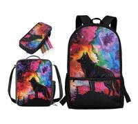 soldwellsd Set zaino per bambini da 17 pollici con stampa lupo, borsa per la scuola e borsa per il pranzo per la scuola materna, set grande e leggero con astuccio per ragazzi, Galassia lupo - Multi