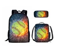 soldwellsd Set zaino per ragazzi e ragazze per adolescenti, borsa per la scuola, borsa per il pranzo, portapenne, 3 pezzi, softball, acqua, fuoco, fulmine, taglia unica, zaini da giorno, Softball