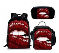soldwellsd Zaino scolastico con tracolla regolabile, set da 3 pezzi, con borsa per il pranzo, astuccio per matite e matite, design con panda, Rosso su Nero, Taglia unica