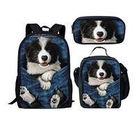 soldwellsd Zaino scolastico con tracolla regolabile, set da 3 pezzi, con borsa per il pranzo, astuccio per matite e matite, design con panda, Border Collie., Taglia unica