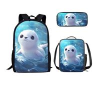soldwellsd Zaino scolastico con tracolla regolabile, set da 3 pezzi, con borsa per il pranzo, astuccio per matite e matite, design con panda, Sigillo Kawaii, Taglia unica