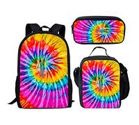soldwellsd Zaino scolastico con tracolla regolabile, set da 3 pezzi, con borsa per il pranzo, astuccio per matite e matite, design con panda, Tie-dye arcobaleno, Taglia unica