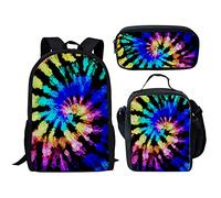 soldwellsd Zaino scolastico con tracolla regolabile, set da 3 pezzi, con borsa per il pranzo, astuccio per matite e matite, design con panda, Tie-dye arcobaleno, Taglia unica