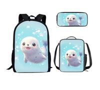 soldwellsd Zaino scolastico con tracolla regolabile, set da 3 pezzi, con borsa per il pranzo, astuccio per matite e matite, design con panda, Simpatico sigillo, Taglia unica