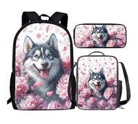 soldwellsd Zaino scolastico con tracolla regolabile, set da 3 pezzi, con borsa per il pranzo, astuccio per matite e matite, design con panda, Cane dell'Alaska, Taglia unica