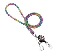 Soleebee Cordino per carte di credito, con strass, con anello portachiavi, collana da donna, kit per portachiavi, porta carte d'identità (arcobaleno con carta d'identità JoJo)