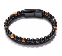 Soleilx Bracciale Uomo in Pelle Intrecciata a Mano con Pietre Vulcaniche Naturali - Chiusura Magnetica in Cuoio - Idea Regalo per Compleanno e Maturità