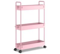 SOLEJAZZ Carrello portaoggetti a 3 ripiani, scorrevole, sottile, con rotelle, organizer per cucina, bagno, lavanderia, camera da letto, spazi stretti, plastica, rosa
