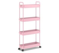 SOLEJAZZ Carrello portaoggetti a 4 ripiani, scorrevole, sottile, con rotelle, organizer per cucina, bagno, lavanderia, camera da letto, spazi stretti, plastica, rosa