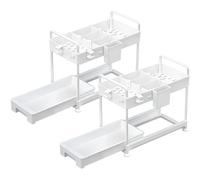SOLEJAZZ Organizzatore a 2 livelli sotto il lavandino, organizer scorrevole sotto il bagno, cassetto portaoggetti con ganci, organizer multiuso sotto il lavandino, bianco, confezione da 2