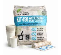 SOLEPLASTIC Kit Caffè 450 Bicchierini, Palettine e Zucchero - Bicchieri Carta Biodegradabili, Palettine Legno Imbustate Singolarmente e Bustine Zucchero Extra Fine - Set Accessori Caffè