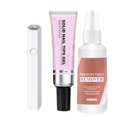Solid Nail Glue Gel - Quick-Dry Soak Off Adhesive fooor Acrylic Press Ons, Fake Tips, Clear Extensions | Strong Bonding Naiil Art Gllue with Remover & LED Curing Lamp for Home or Salon