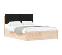 Solid Wood Bed Frame with Upholstered Headboard Black 135x190 cm Pine Wood, Modern Platform No Box Spring Needed, Easy Assembly, Removable Washable Headboard Cover, Sturdy Bed Bedroom Living Room
