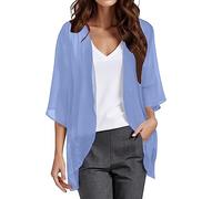 Solido ed elegante cardigan da donna in chiffon con maniche a sbuffo, top casual, Blu, L