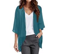 Solido ed elegante cardigan da donna in chiffon con maniche a sbuffo, top casual, Blu marino, XL
