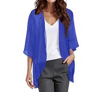 Solido ed elegante cardigan da donna in chiffon con maniche a sbuffo, top casual, Blu scuro, M