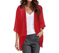 Solido ed elegante cardigan da donna in chiffon con maniche a sbuffo, top casual, Colore: rosso, L