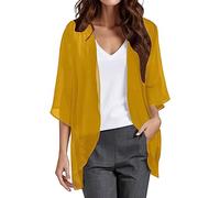 Solido ed elegante cardigan da donna in chiffon con maniche a sbuffo, top casual, giallo., M