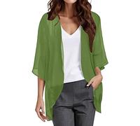 Solido ed elegante cardigan da donna in chiffon con maniche a sbuffo, top casual, verde, XXL