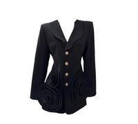 Solido Fiore impiombato Appliques Dimagrante Giacche per Le Donne Risvolto Manica Lunga Mini Blazer Dress, Nero , M