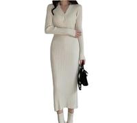 Solido Maglia Maglione Abiti Donna Lungo Abito Formale Autunno Inverno Pulsante Partito Midi Dress Donne Vestiti Coreani, Beige, XS