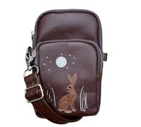 Solis Accessories Moonlit Warren Rabbit & Moon Borsa a Tracolla 3 Zip - Ecopelle - Applicazioni - Tracolla regolabile/staccabile - 19 × 11 × 4,5 cm - 3 scomparti foderati, cioccolato, One Size